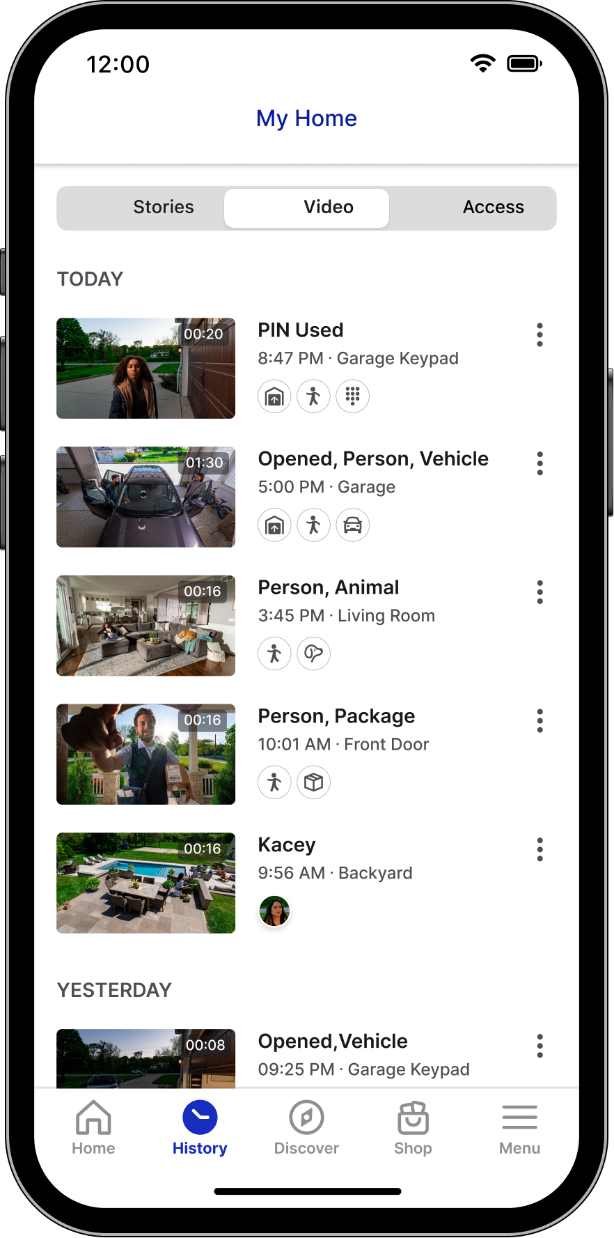Phone showing security event history