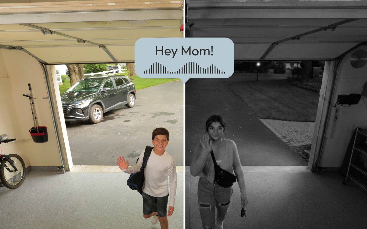 Garage camera showing children arriving