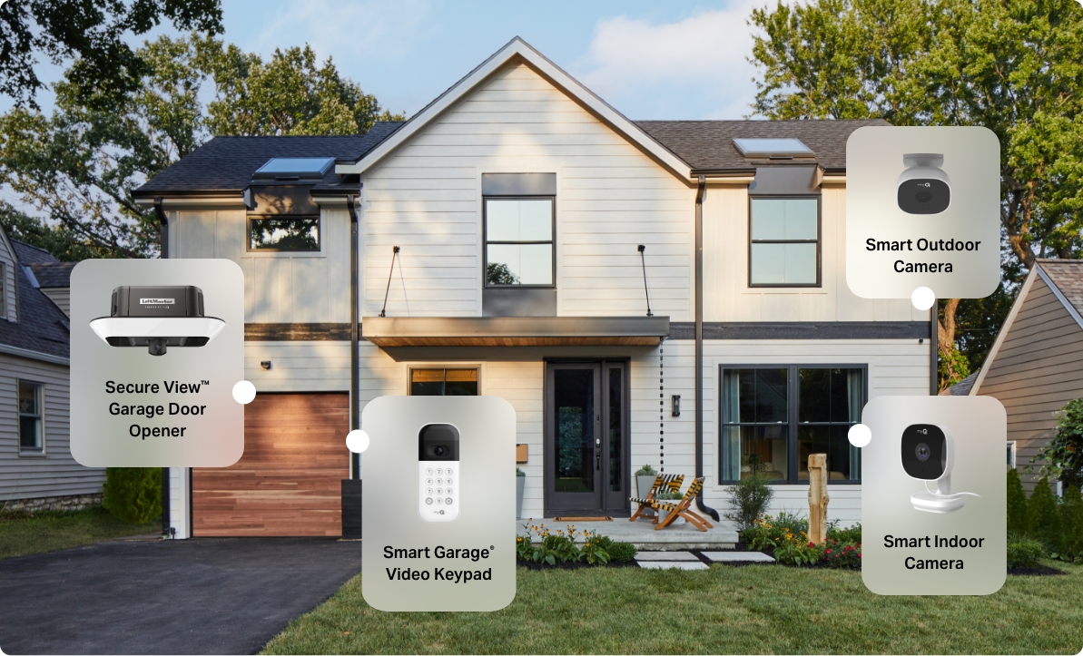 Modern house featuring smart garage opener, video keypad and security cameras